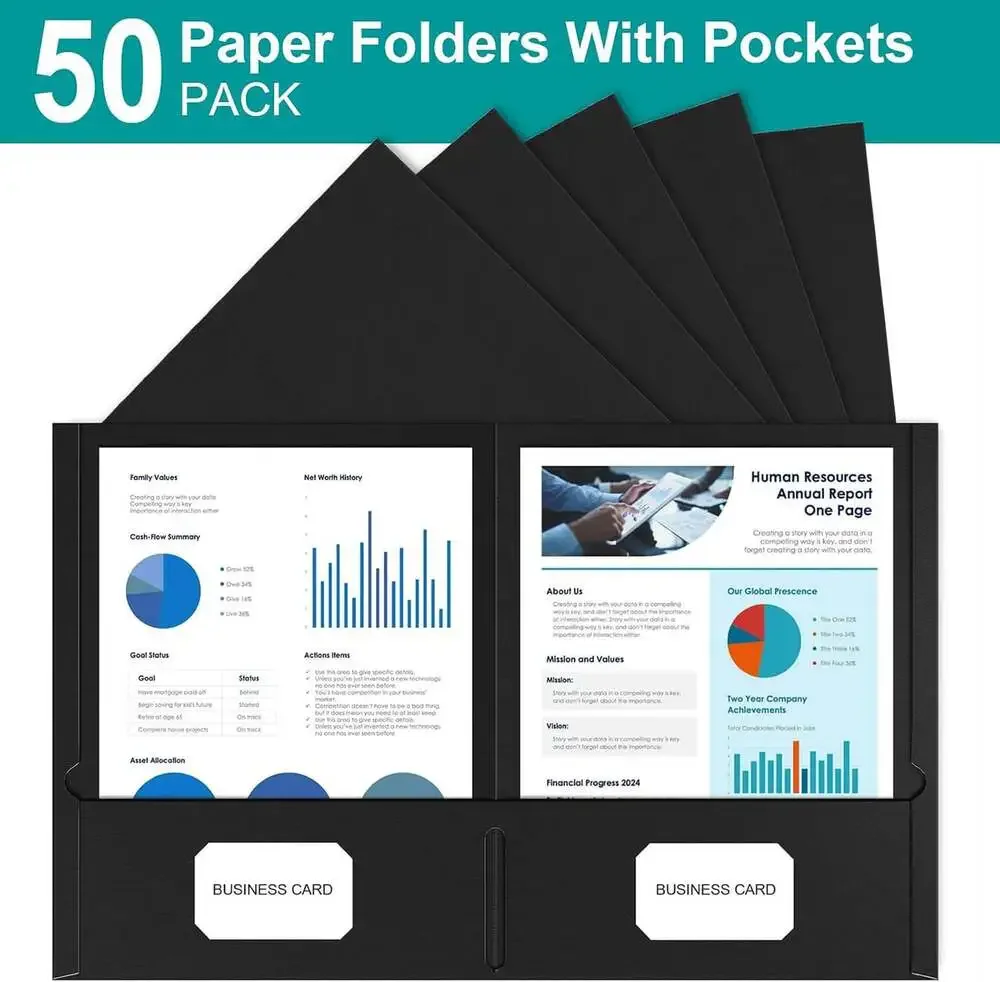 2 Pocket Folders 50 Pack Black Paper File Folders with Pockets for Office School